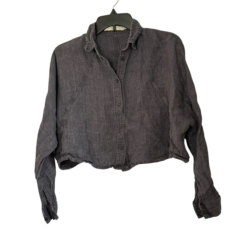 7115 by Szeki 3/4 Cropped Linen Button Down Shirt Top Lagenlook - XSmall